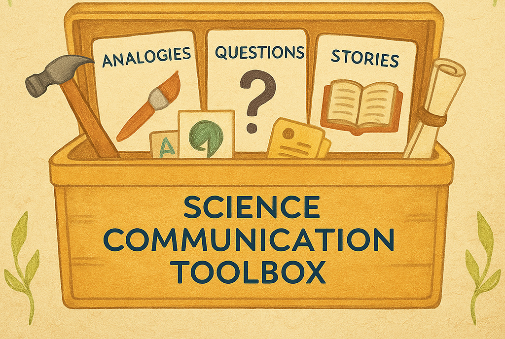Watercolor-style illustration of a “Science Communication Toolbox” with a wooden toolbox containing labeled tools: Analogies, Questions, Stories, and supporting icons like a hammer, paintbrush, book, and scroll. The background is a warm beige with leafy botanical accents.